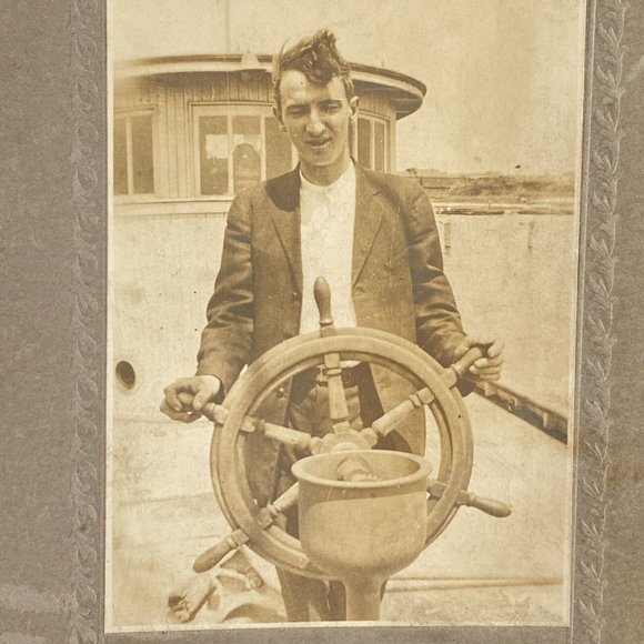c1900 Cabinet Card Young Man At Ships Wheel Sepia Gel Silver Photograph 4x5in - Picture 1 of 5